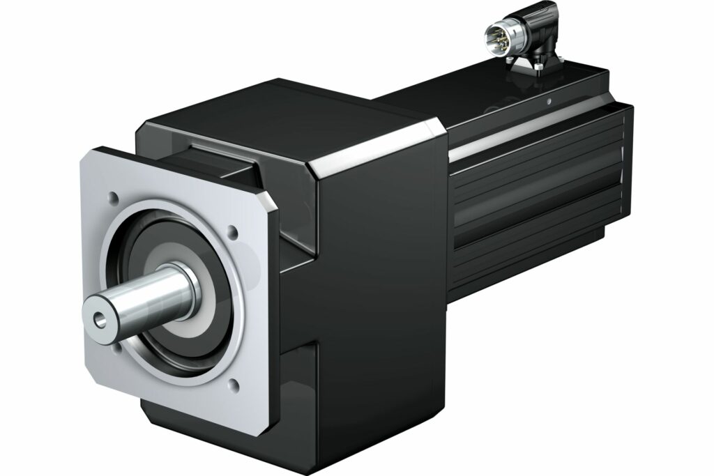 Compact IE5 helical geared motor with helical gearing.